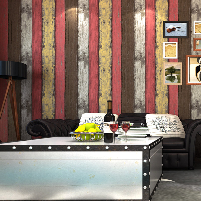 Colorful Wood Planks Wallpaper Roll Stain-Resistant Country Style Living Room Wall Decor