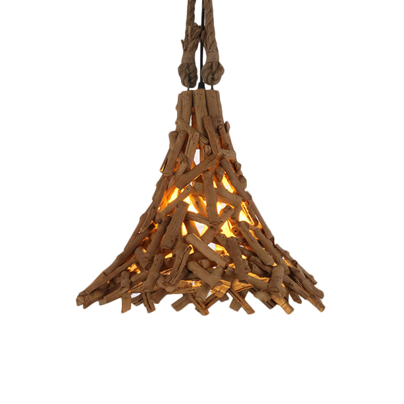 Houten sticks wijd uitlopende hangende licht rustieke 1 lichte suspensie hanger in beige voor binnen