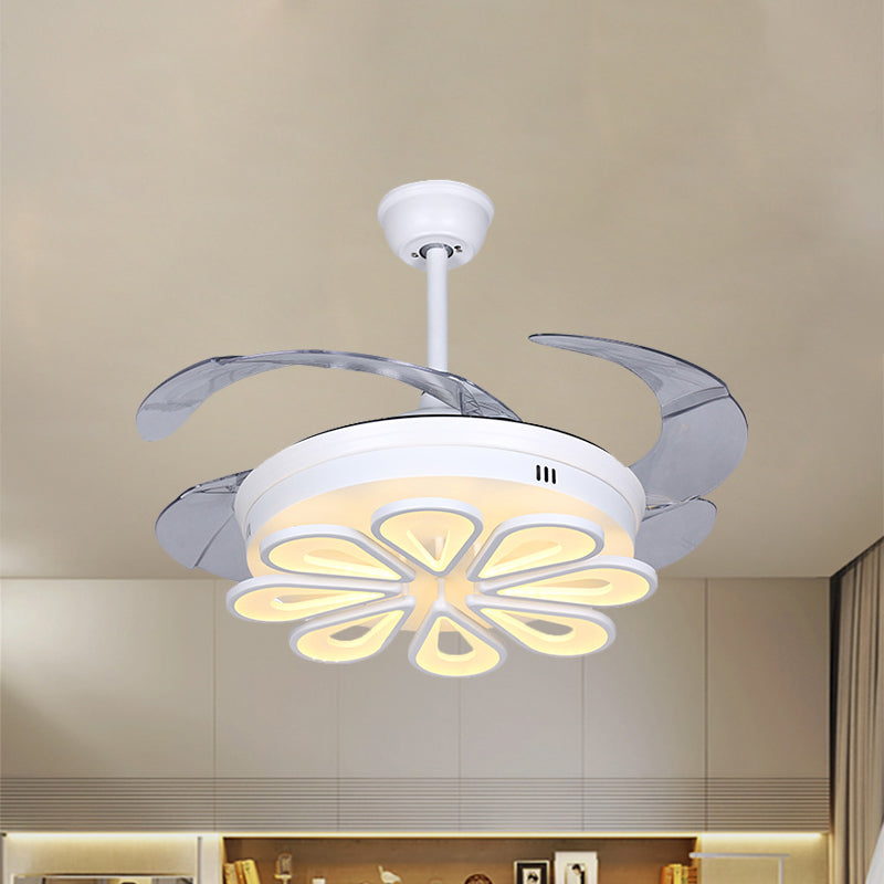 Zeitgenössische Blumenhänge -Lächer -Lampe Acryl -LED Weiß in der Nähe des Deckenlichts mit 4 klaren Klingen, 42 "W.