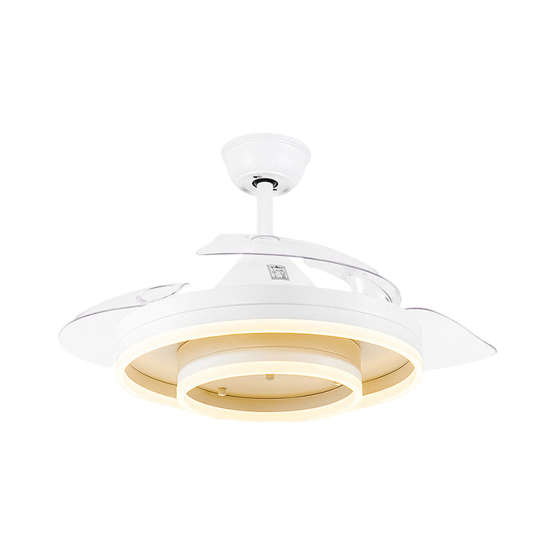 Doppio round a sospensione della ventola minimalismo a led acrilico bianco vicino alla lampada del soffitto con 3 lame limpide, larghezza 42 "