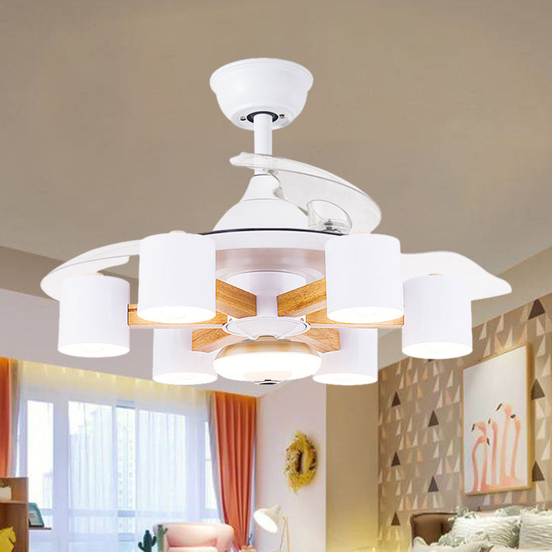Nordischer Zylinder halb Flush Acryl 42 "W 6-Kopf-Wohnzimmer Anhänger Lüfter Licht mit 3 klaren Klingen in Blau/Weiß