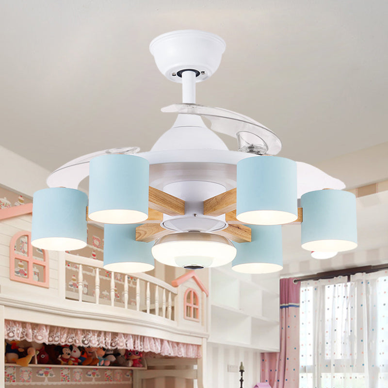 Nordischer Zylinder halb Flush Acryl 42 "W 6-Kopf-Wohnzimmer Anhänger Lüfter Licht mit 3 klaren Klingen in Blau/Weiß