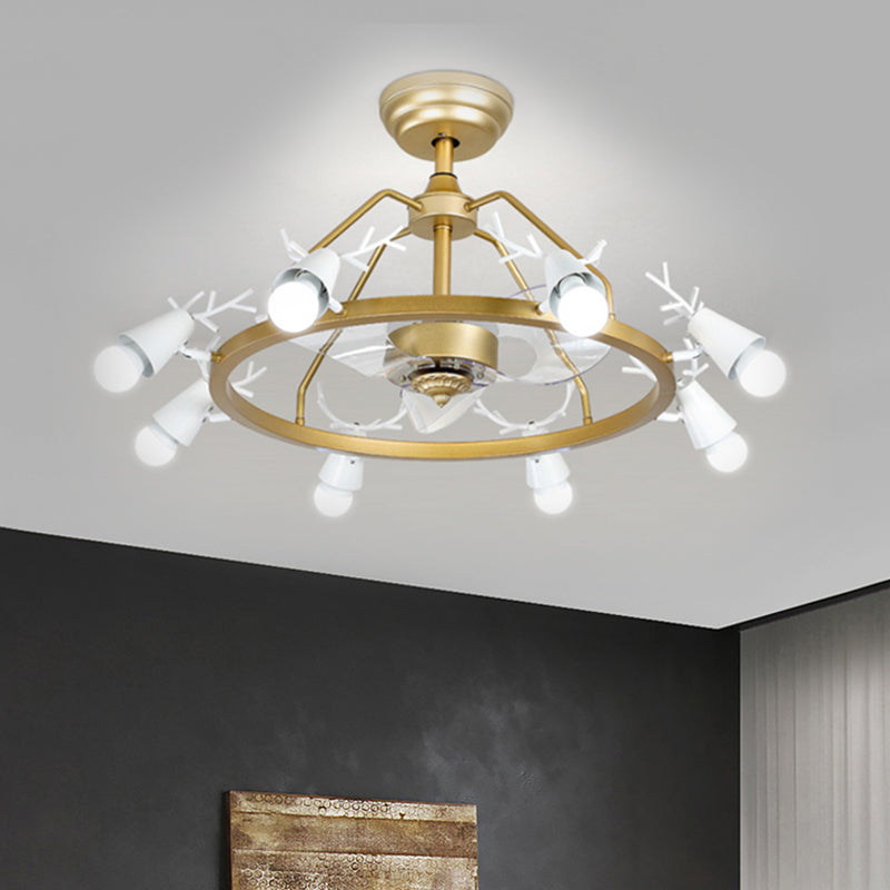 35,5 "breit, verjüngter Ring Halbblüte Lampe Moderne Acryl 8-Bulb Gold 3-Blade-Anhängerlüfter mit Geweihendesign