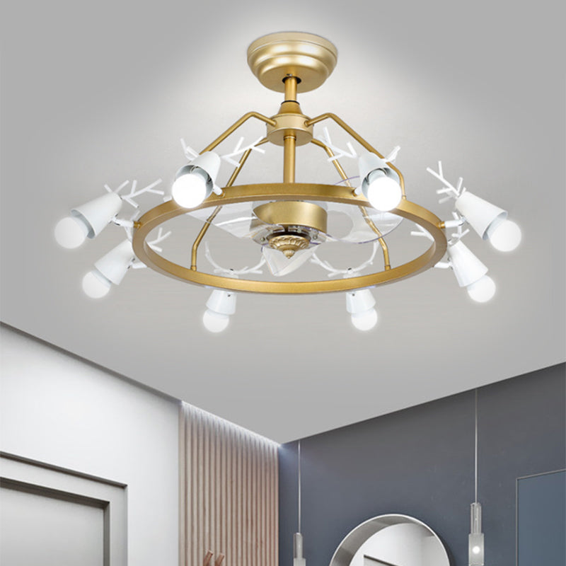35,5 "breit, verjüngter Ring Halbblüte Lampe Moderne Acryl 8-Bulb Gold 3-Blade-Anhängerlüfter mit Geweihendesign