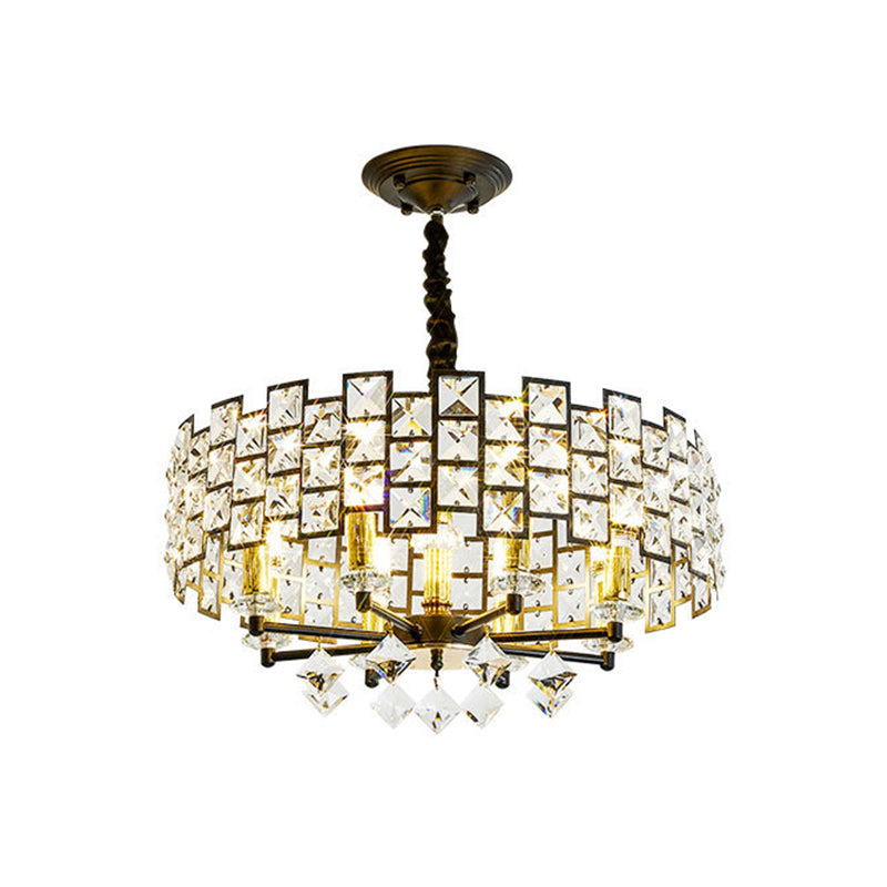 8/12 Heads Hanging Lamp Traditional Circular Crystal Embedded Chandelier Pendant Light in Black