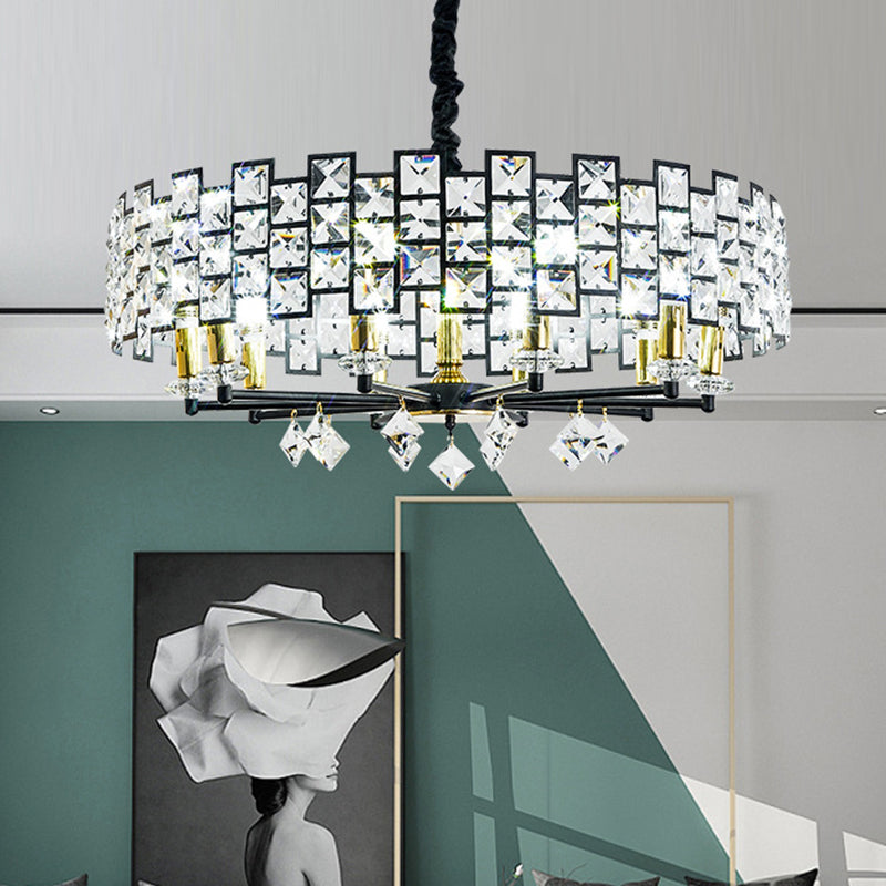 8/12 Heads Hanging Lamp Traditional Circular Crystal Embedded Chandelier Pendant Light in Black