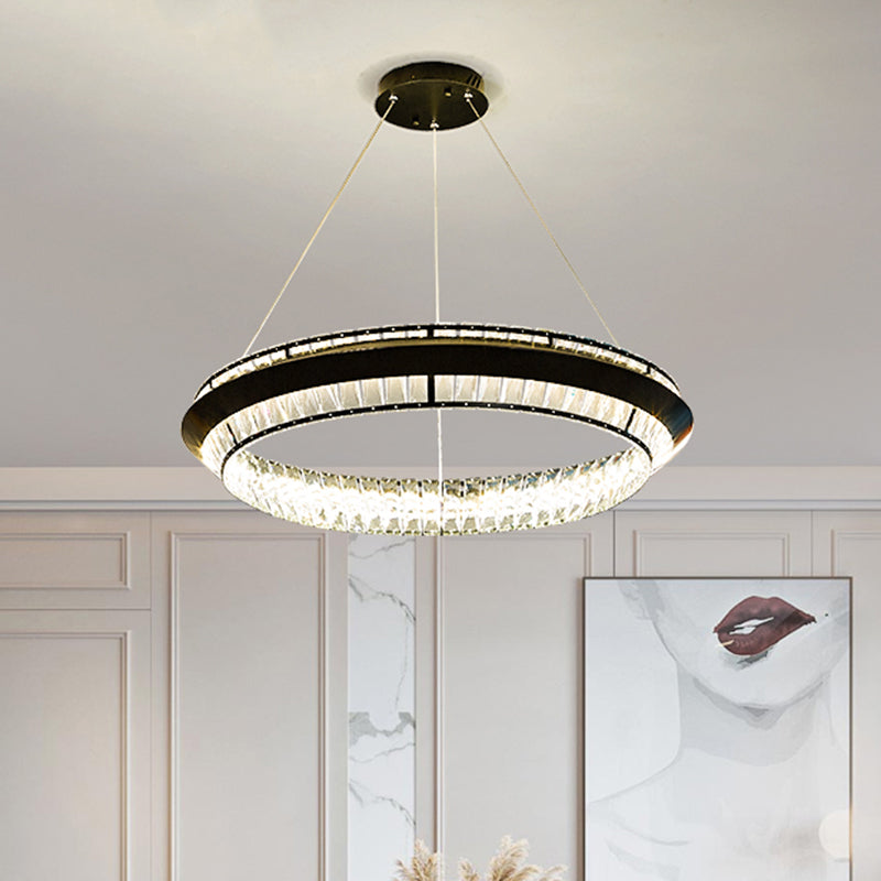 Contemporary Style Ring Chandelier Lighting Rectangle-Cut Crystal LED Pendulum Lamp in Black