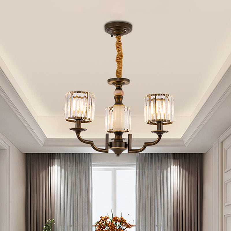 Cylindrical Bedchamber Hanging Fixture Traditional Crystal 3/6 Bulbs Black Ceiling Chandelier Pendant