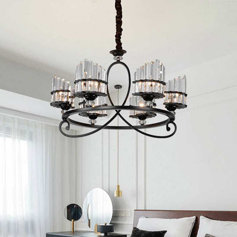 6/8 Lights Rectangle Light Chandelier with Ring Design Traditional Black Crystal Hanging Ceiling Fixture