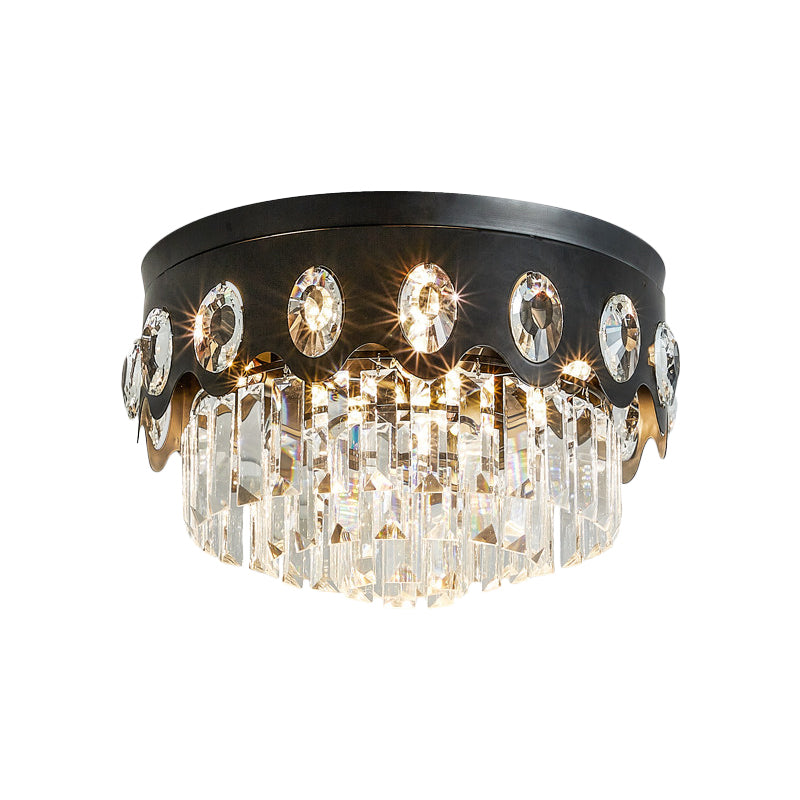 7 Heads Crystal Flush Ceiling Light Contemporary Black Tiered Great Room Flush Mount Lamp