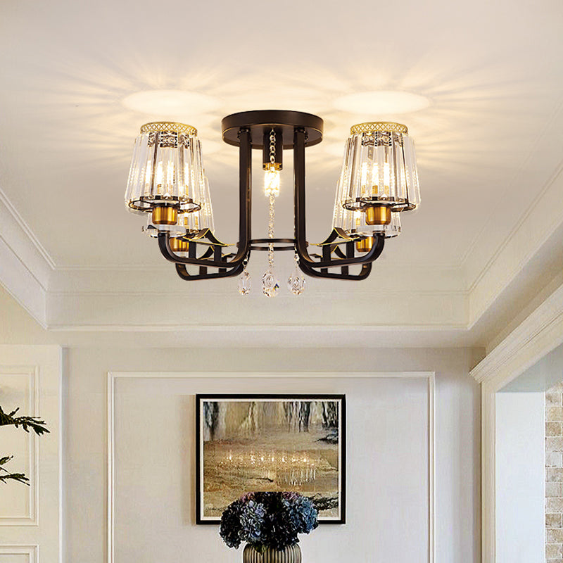 Crystal Black Semi-Flush Ceiling Fixture Tapered 5 Lights LED Traditional Flush Mount Chandelier Lighting