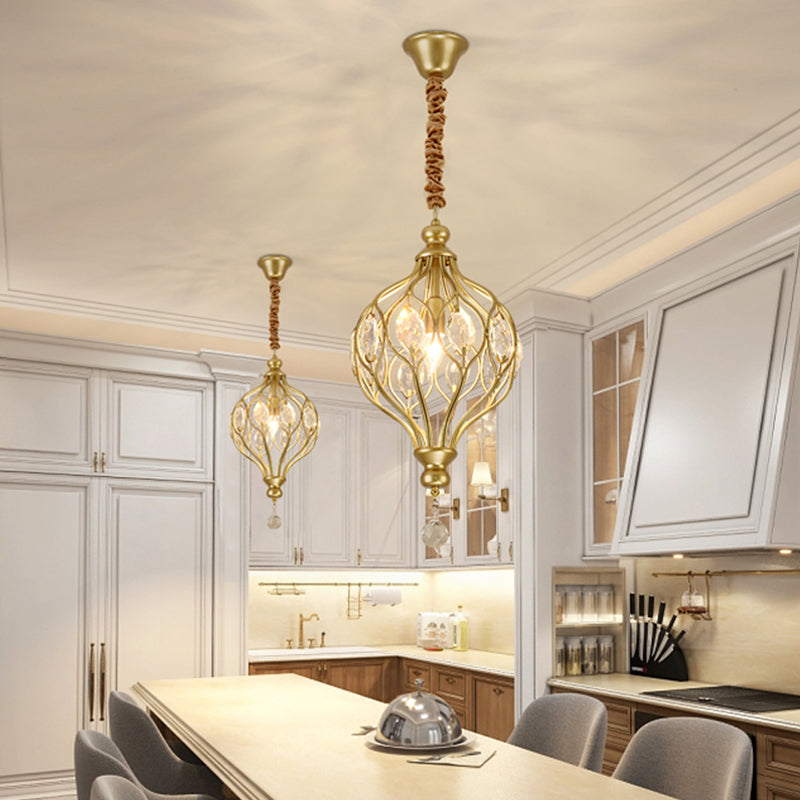 Lantern Bedroom Hanging Pendant Light Traditional Crystal 1 Bulb Black/Gold Ceiling Suspension Lamp