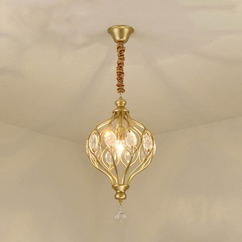 Lantern Bedroom Hanging Pendant Light Traditional Crystal 1 Bulb Black/Gold Ceiling Suspension Lamp