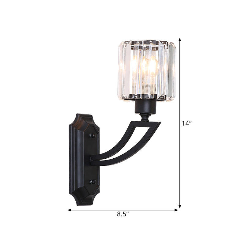 Cylinder Crystal Wall Mount Light Fixture Traditional 1 Bulb Bedroom Surface Wall Sconce in Black