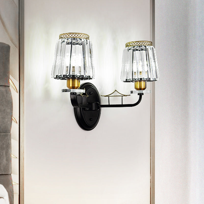 Tapered Bedchamber Wall Light Sconce Traditional Crystal 2 Heads Black Wall Mounted Lamp