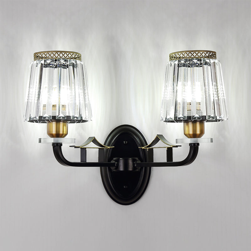 Tapered Bedchamber Wall Light Sconce Traditional Crystal 2 Heads Black Wall Mounted Lamp