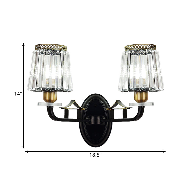 Tapered Bedchamber Wall Light Sconce Traditional Crystal 2 Heads Black Wall Mounted Lamp