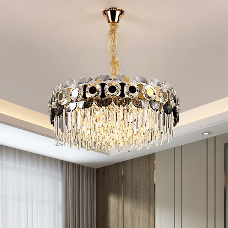 12 Bulbs Clear Crystal Prismatic Chandelier Contemporary Gold Round Living Room Hanging Light