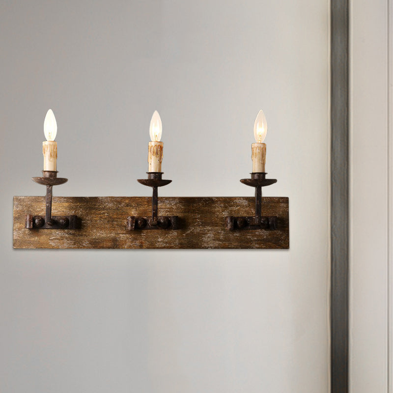 Rustic Style Candelabra Wall Light Fixture 1/2/3-Bulb Metallic Wall Mount Lamp in Brown with Rectangle Wood Backplate