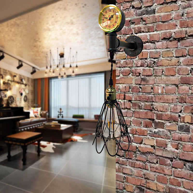1 Bulb Metal Wall Hanging Light Farmhouse Aged Brass/Black Wire Frame Corridor Sconce Lighting with Gauge