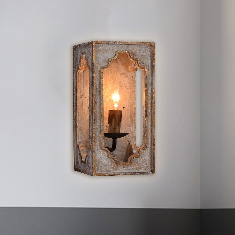 Metallic Cuboid Sconce Lighting Fixture with Candle Design Country Style 1 Bulb Corridor Wall Lamp in Rust