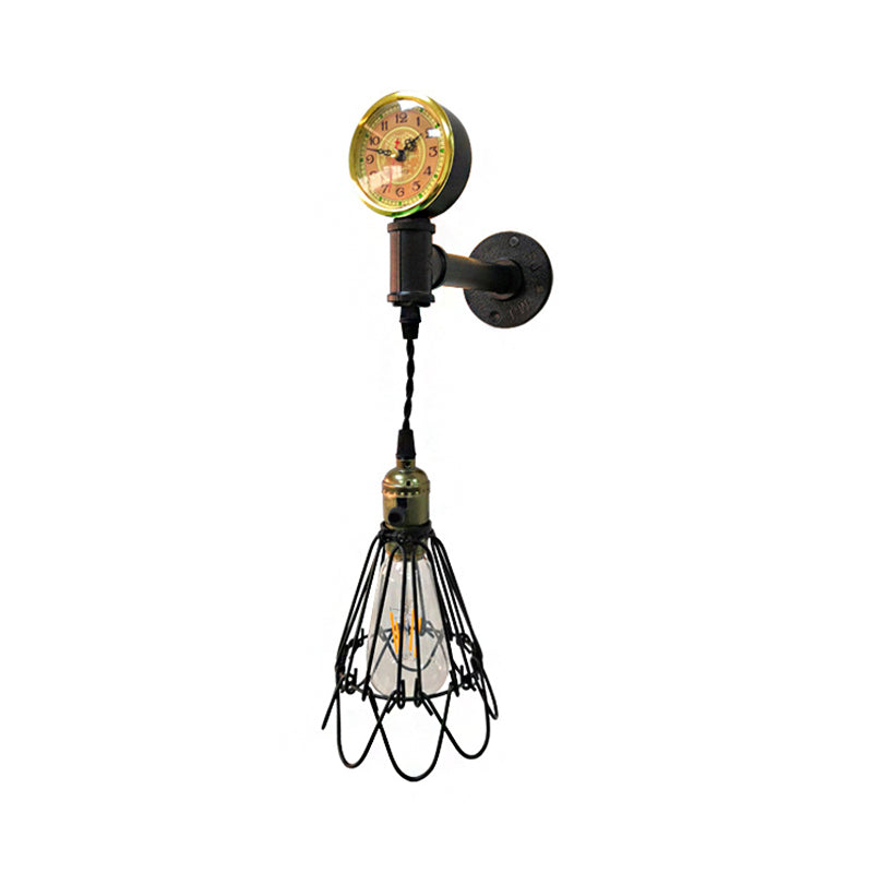 1 Bulb Metal Wall Hanging Light Farmhouse Aged Brass/Black Wire Frame Corridor Sconce Lighting with Gauge
