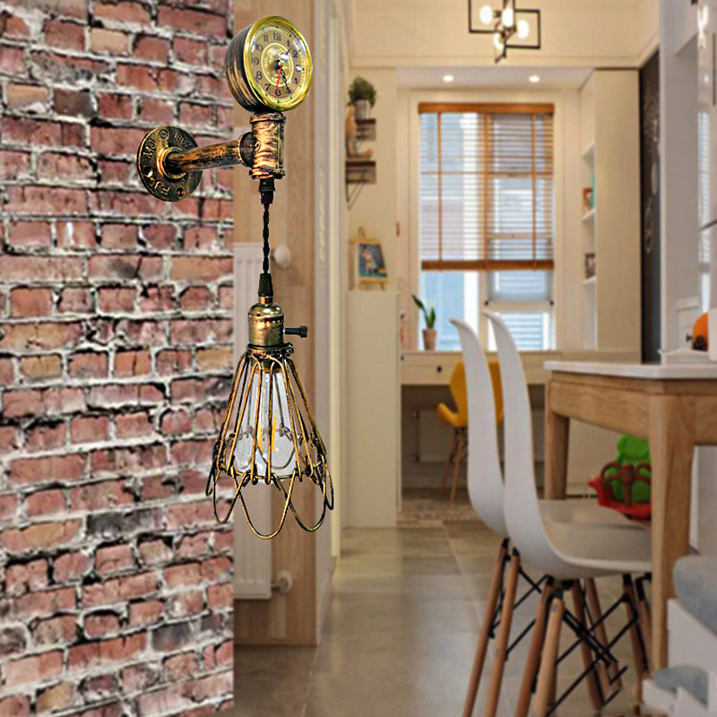 1 Bulb Metal Wall Hanging Light Farmhouse Aged Brass/Black Wire Frame Corridor Sconce Lighting with Gauge
