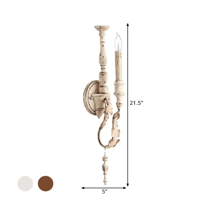 1-Light Candle Wall Light Fixture Rustic White/Brown Finish Metallic Wall Mounted Lamp
