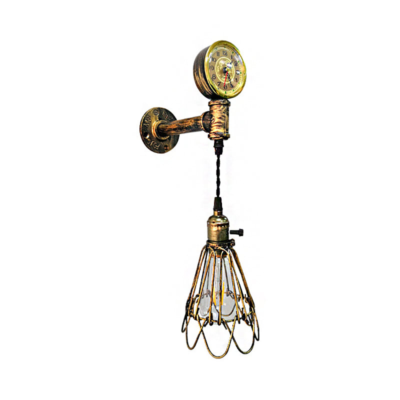 1 Bulb Metal Wall Hanging Light Farmhouse Aged Brass/Black Wire Frame Corridor Sconce Lighting with Gauge