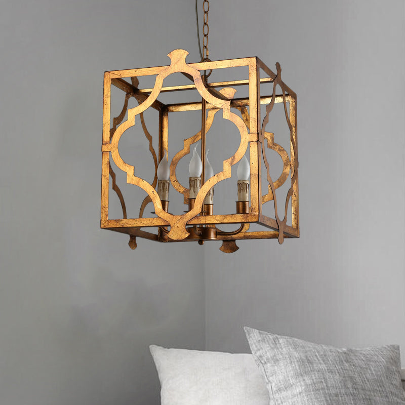Antiqued Cube Cage Ceiling Chandelier 4 Lights Metal Candelabra Hanging Light Fixture in Brown