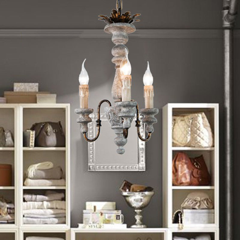 Grey Finish 3 Bulbs Hanging Chandelier Countryside Wood Candle Ceiling Suspension Light