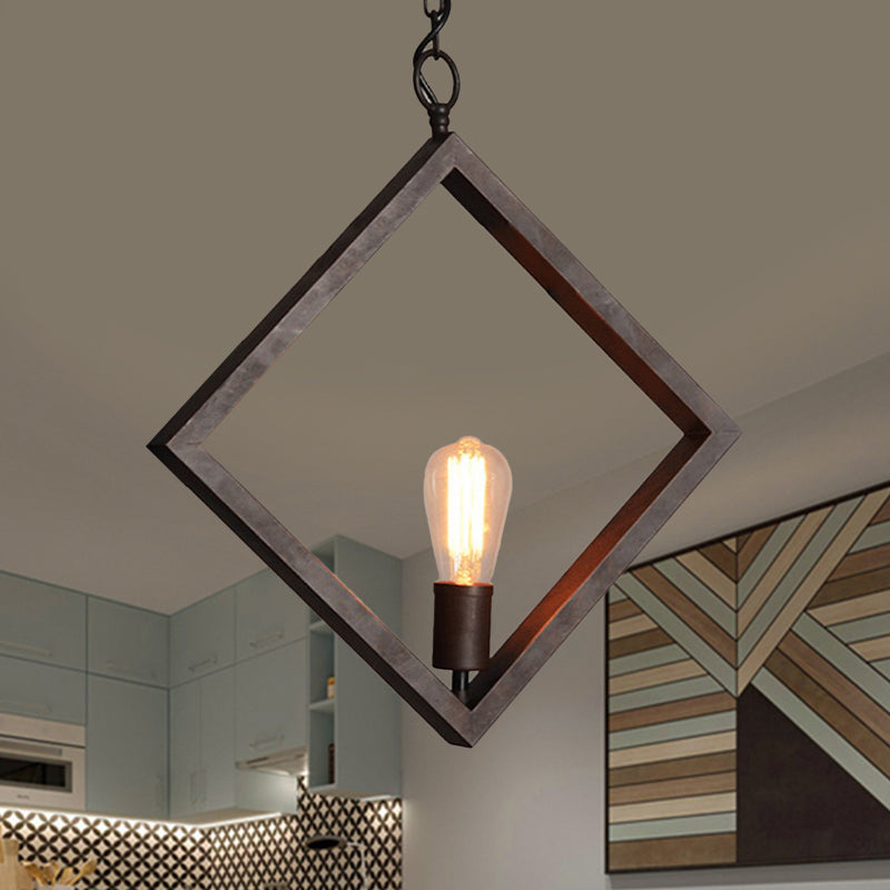 Black 1 Head Suspension Light with Bare Bulb Design Industrial Metal Square Frame Ceiling Pendant Lamp