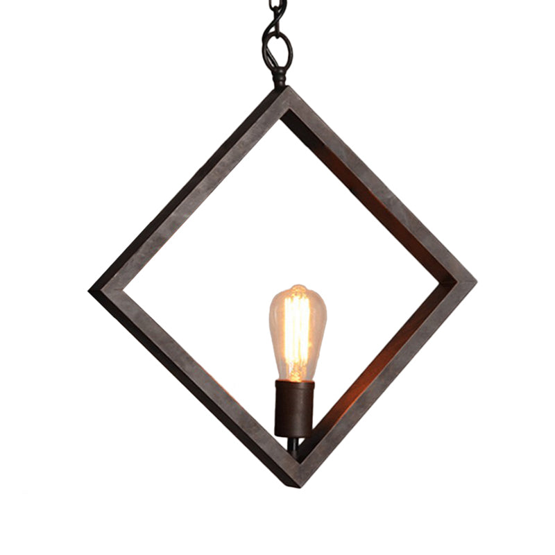 Black 1 Head Suspension Light with Bare Bulb Design Industrial Metal Square Frame Ceiling Pendant Lamp
