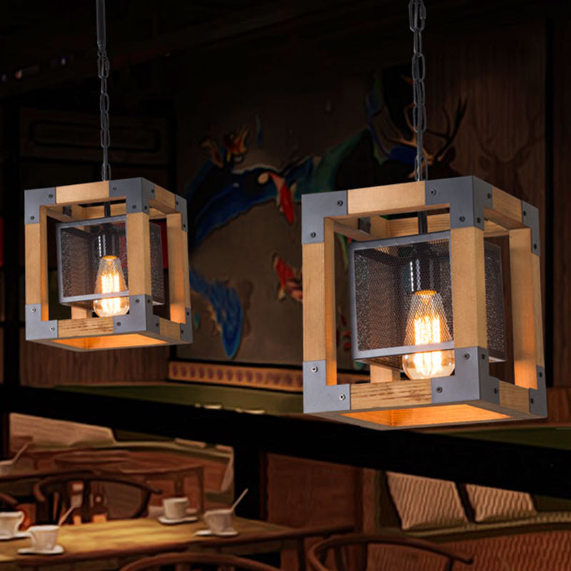 1 hängende Beleuchtung mit Würfelrahmen Schatten Holz Industrie Restaurant Anhängerlampe
