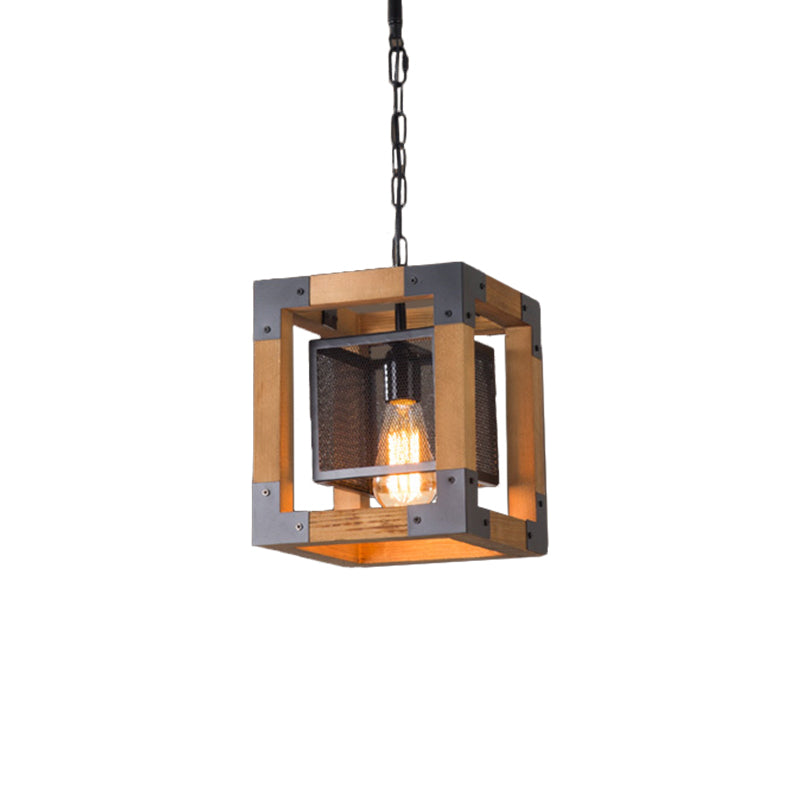 1 hängende Beleuchtung mit Würfelrahmen Schatten Holz Industrie Restaurant Anhängerlampe