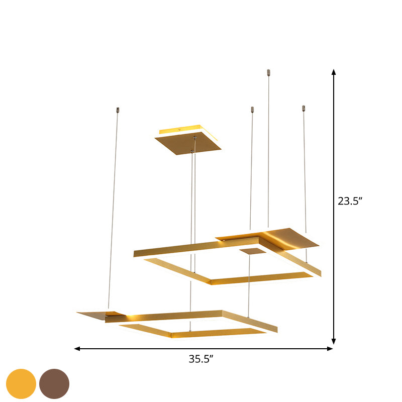 Square Suspension Chandelier Pendant Light Modernist LED Metal Ceiling Lamp in Gold/Coffee, Warm/White Light