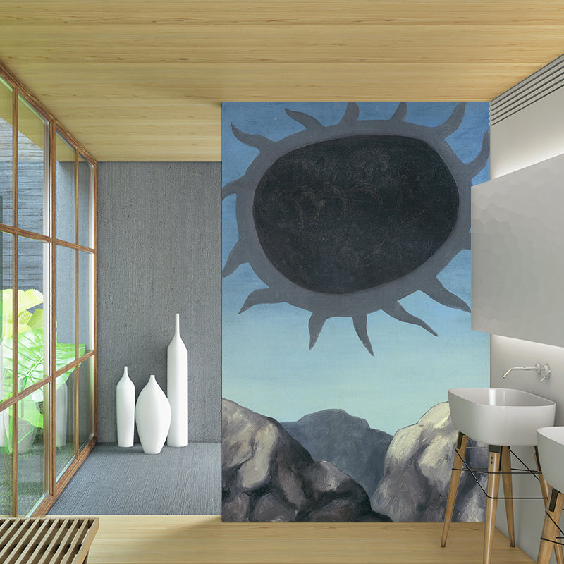 Surrealistic Sun Painting Mural Decal in Grey-Blue Living Room Wall Covering, Optional Size