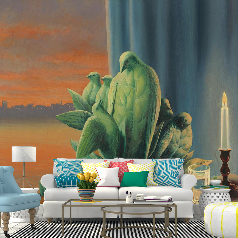 Orange-Green Bird Families Mural Magritte Painting Surreal Washable Wall Art for Dining Room