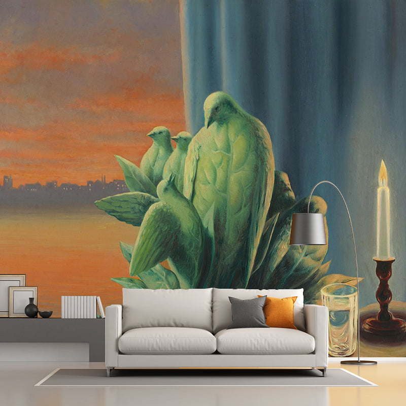 Orange-Green Bird Families Mural Magritte Painting Surreal Washable Wall Art for Dining Room