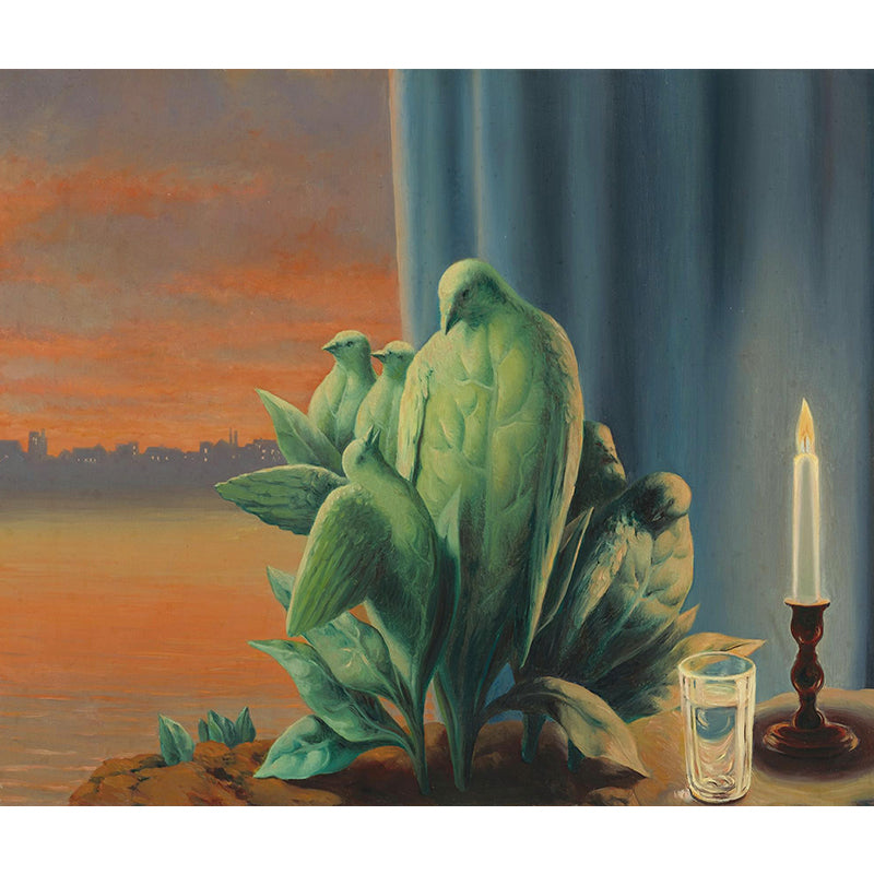 Orange-Green Bird Families Mural Magritte Painting Surreal Washable Wall Art for Dining Room