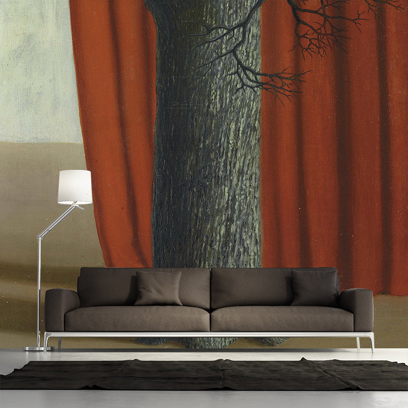 Illustration Bare Tree Painting Mural Wallpaper for Bedroom, Red-Grey, Made to Measure