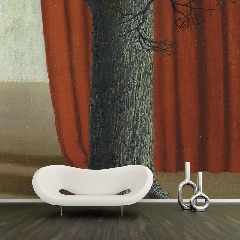 Illustration Bare Tree Painting Mural Wallpaper for Bedroom, Red-Grey, Made to Measure