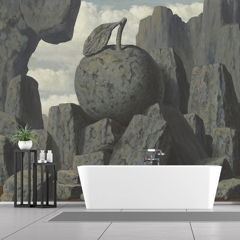 Grey Stone Mountain Wall Murals Magritte Artwork Surrealism Waterproof Wall Covering for Bedroom