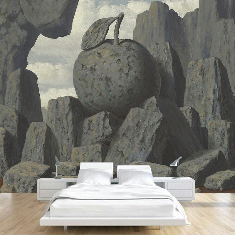Grey Stone Mountain Wall Murals Magritte Artwork Surrealism Waterproof Wall Covering for Bedroom