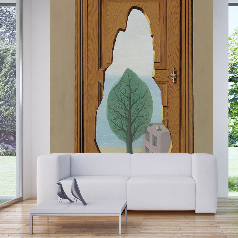 Surrealistic Art Broken Door Mural Brown Stain Resistant Wall Decor for Living Room