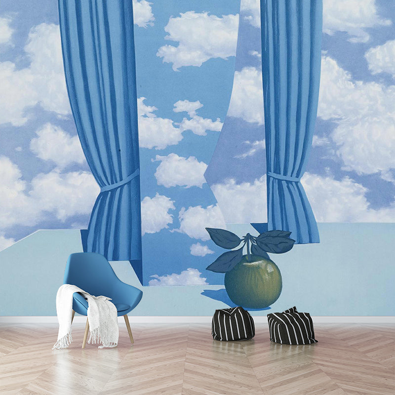 Rene the Beautiful World Mural in Blue-White Surrealism Wall Covering for Accent Wall