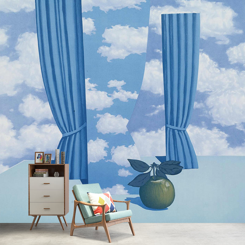 Rene the Beautiful World Mural in Blue-White Surrealism Wall Covering for Accent Wall