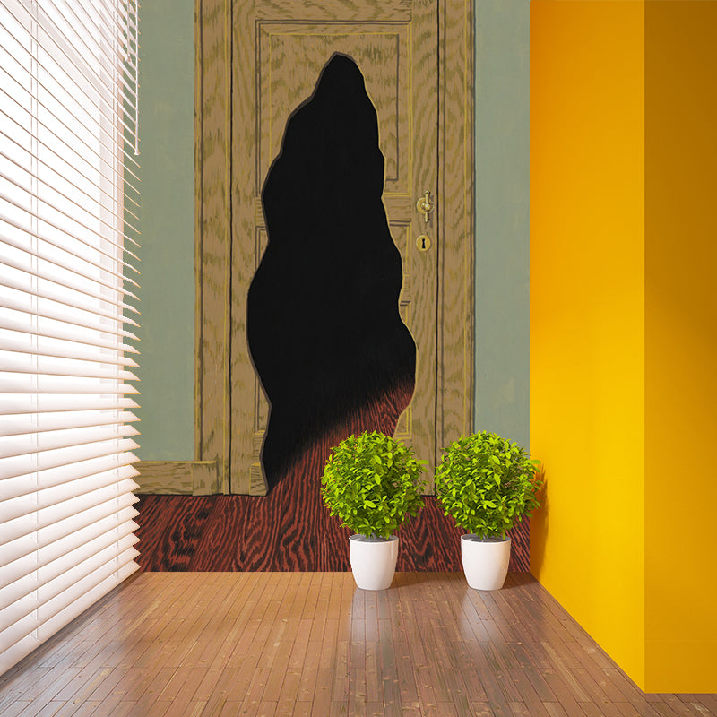 Surrealistic Door Hole Mural Wallpaper Red-Yellow-Green Stain Proof Wall Decor for Corridor