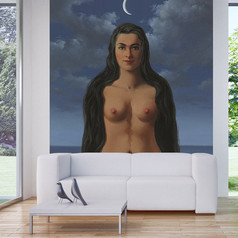 Blue-Brown Nude Wall Murals Night Sea Surrealist Washable Wall Decor for Bedroom