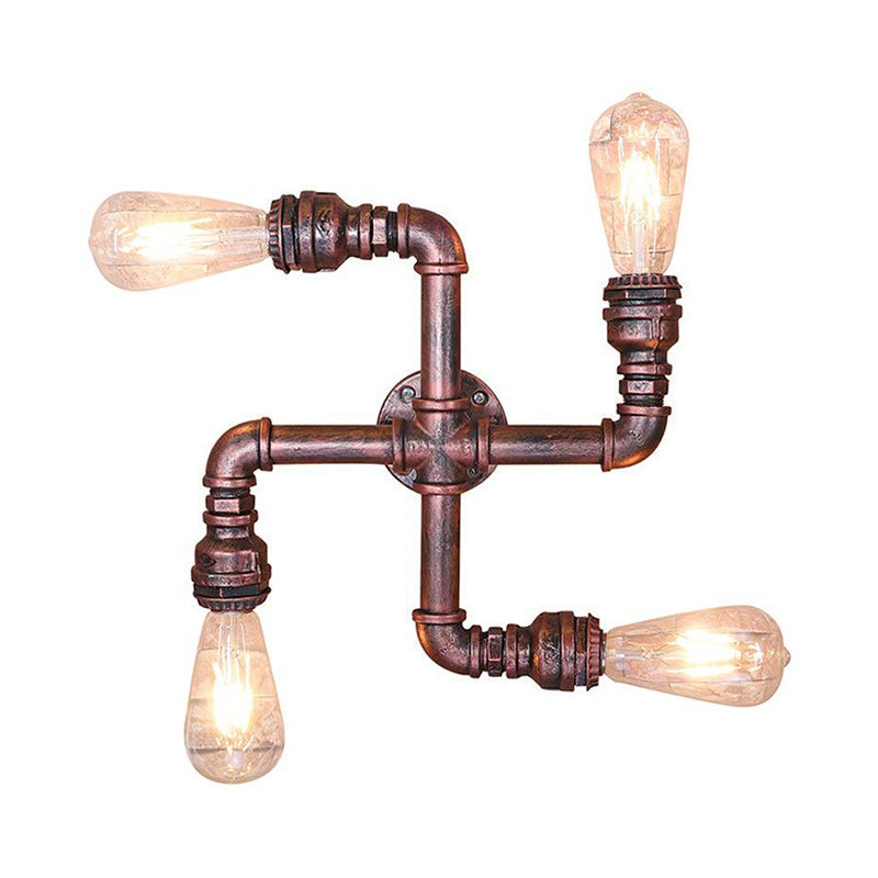 Water Pipe Wrought Iron Sconce Lamp with Exposed Bulb Industrial 4 Lights Restaurant Wall Light in Antique Copper